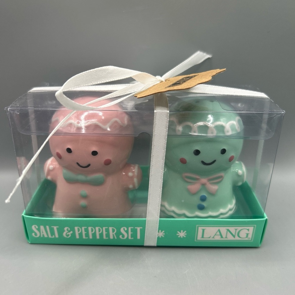 LANG Pastel Gingerbread Man And Gingerbread Girl Salt And Pepper Shaker Set NEW